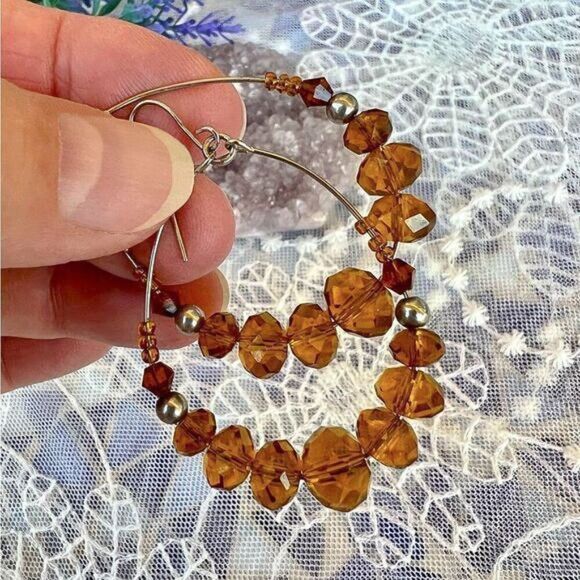 Golden Crystal Beaded Hoop Earrings - Picture 6 of 8